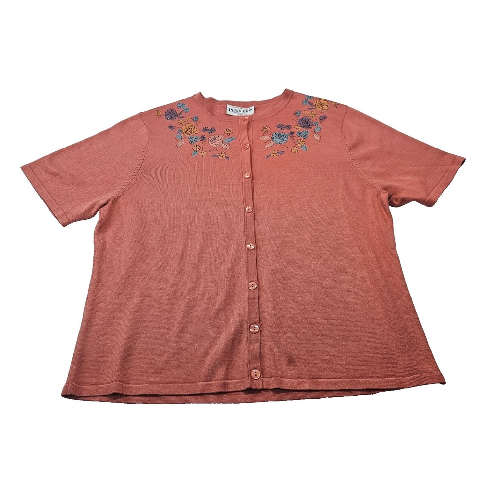 Pendleton Silk Cardigan Petite M Rust Beaded Floral Print Short Sleeve Sweater